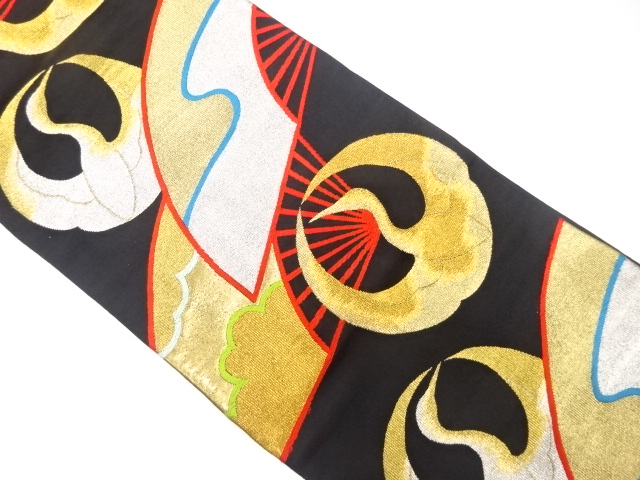 JAPANESE KIMONO / ANTIQUE FUKURO OBI / SILK / WOVEN FAN & CRANE